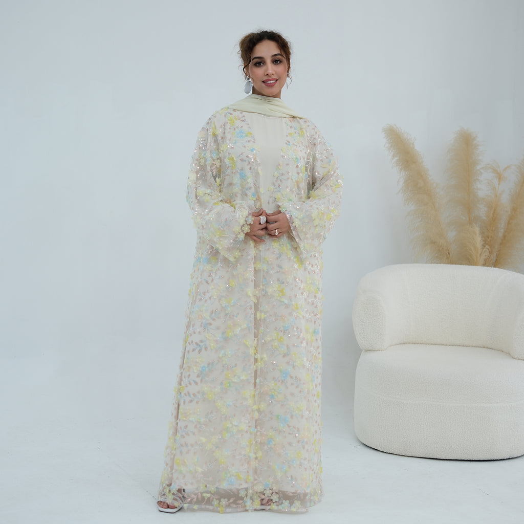 Zaria Floral Embroidered Dress Set - Cream
