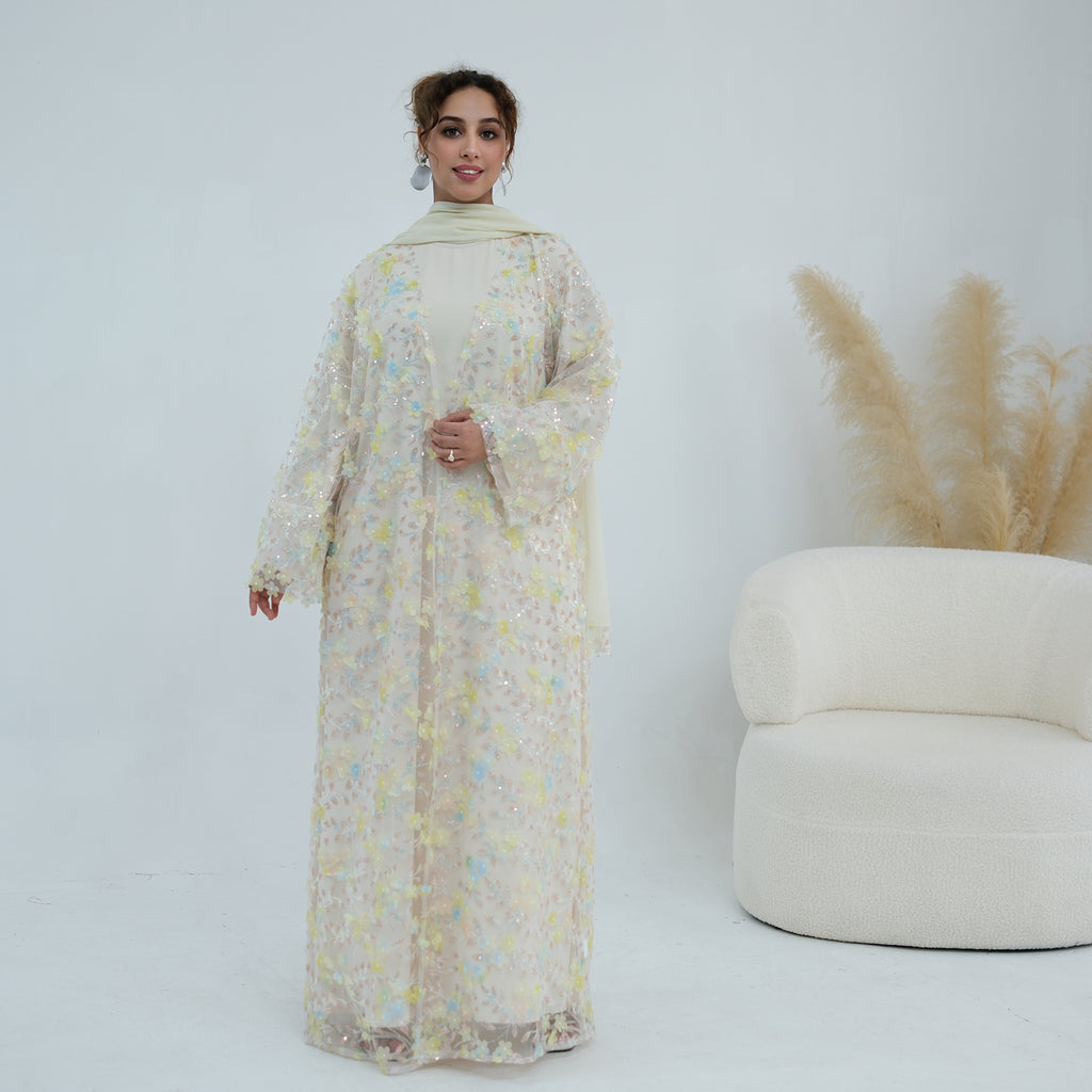 Zaria Floral Embroidered Dress Set - Cream