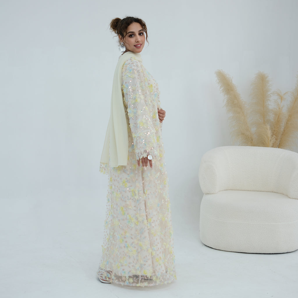 Zaria Floral Embroidered Dress Set - Cream