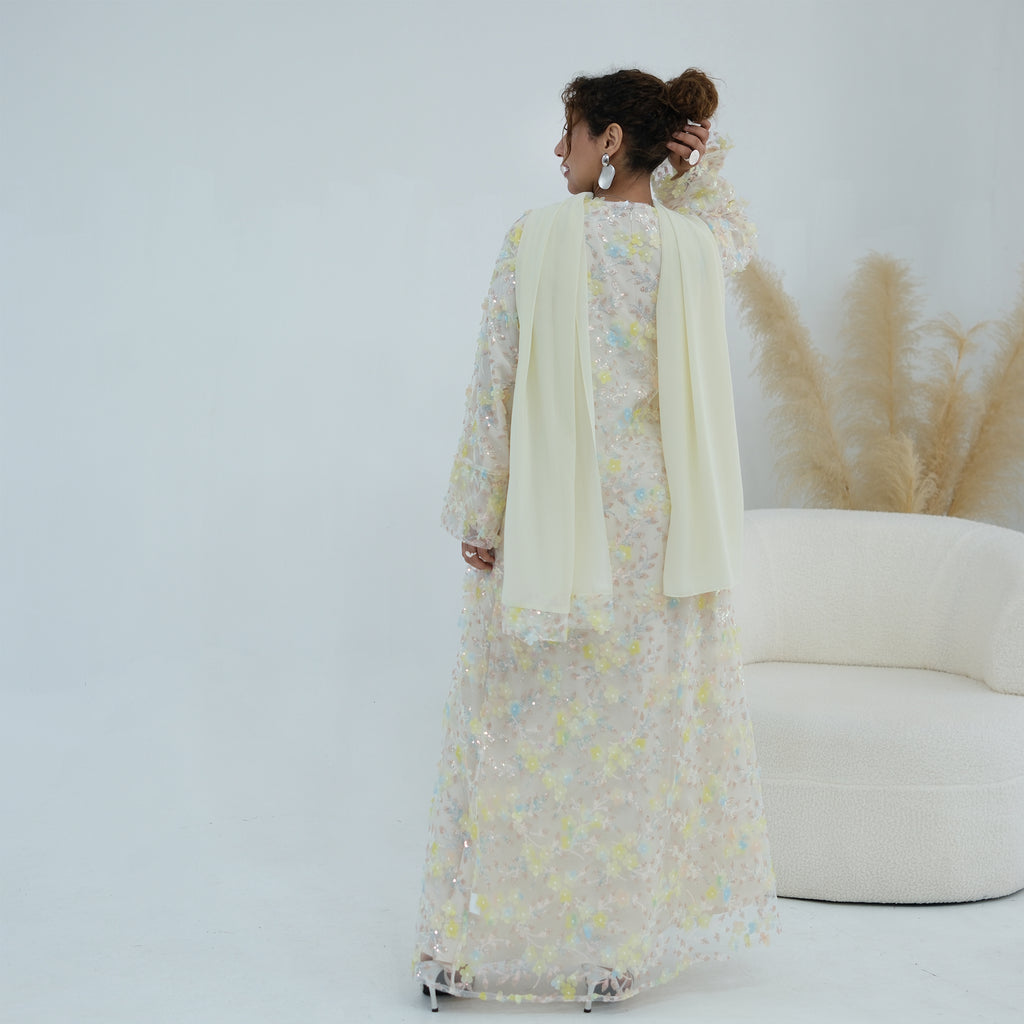 Zaria Floral Embroidered Dress Set - Cream