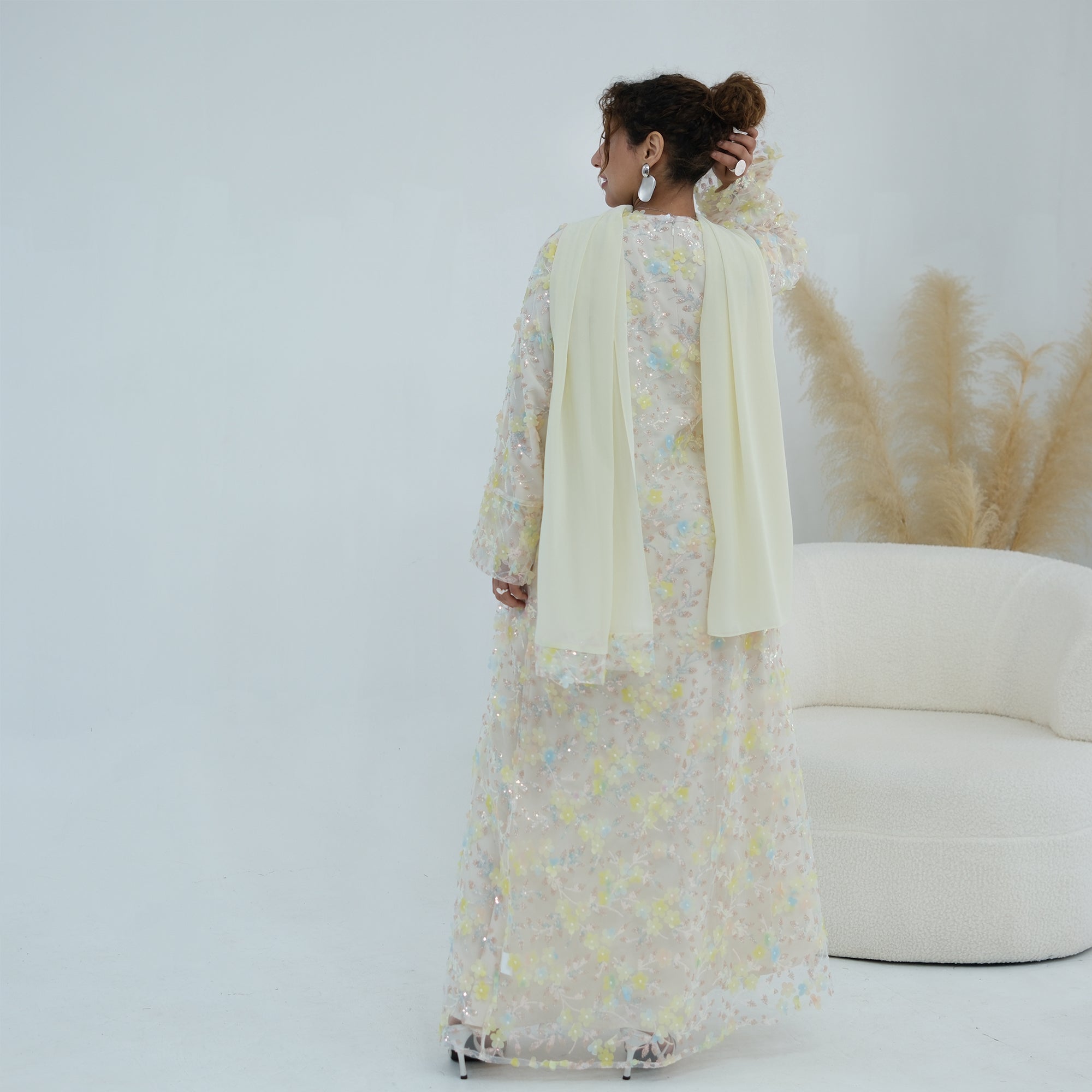 Zaria Floral Embroidered Dress Set - Cream