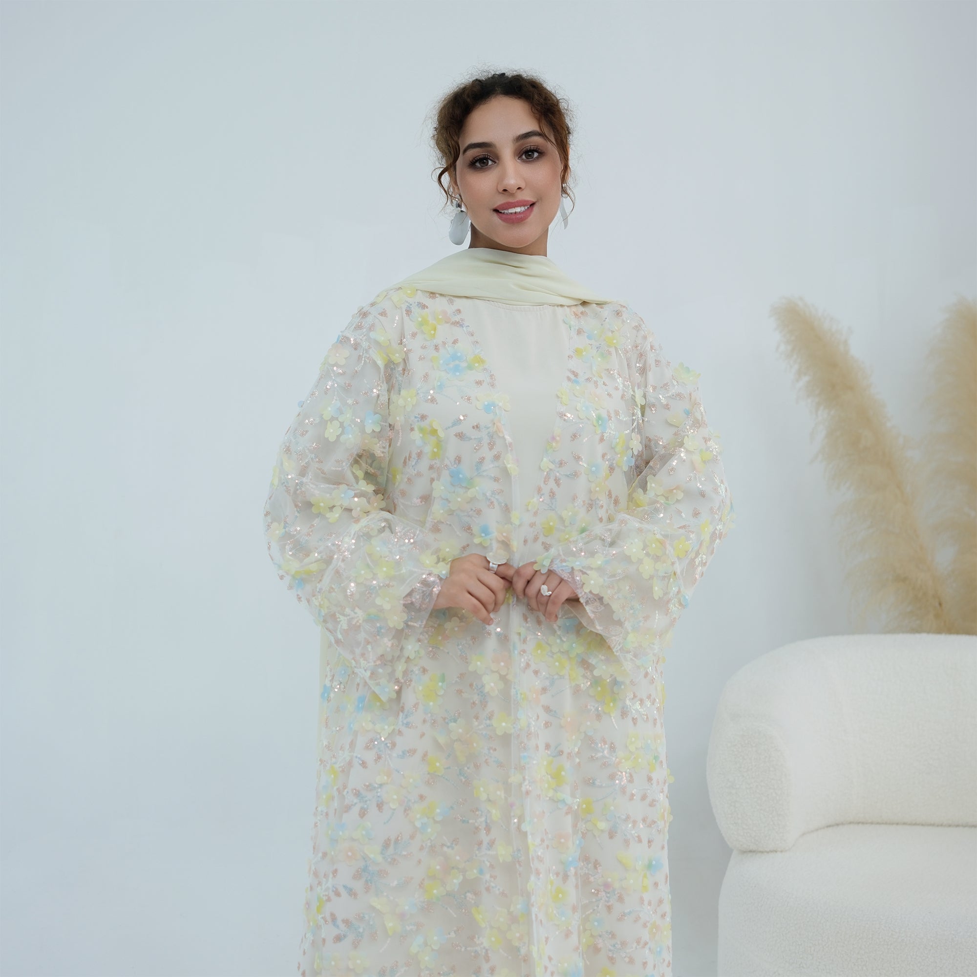 Zaria Floral Embroidered Dress Set - Cream