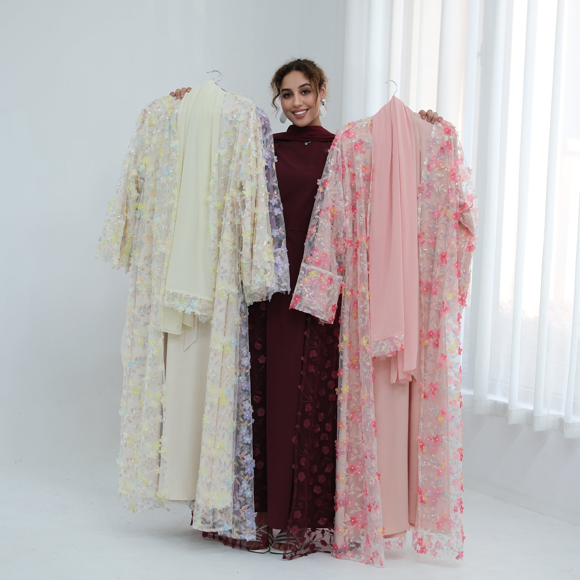 Zaria Floral Embroidered Dress Set - Burgundy
