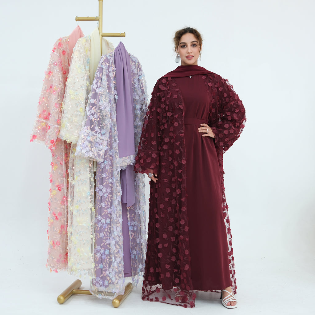 Zaria Floral Embroidered Dress Set - Burgundy