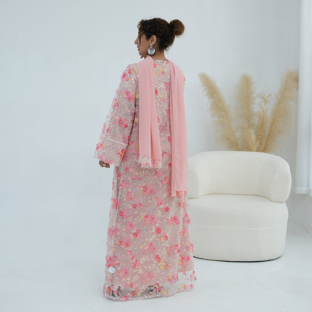 Zaria Floral Embroidered Dress Set - Pink