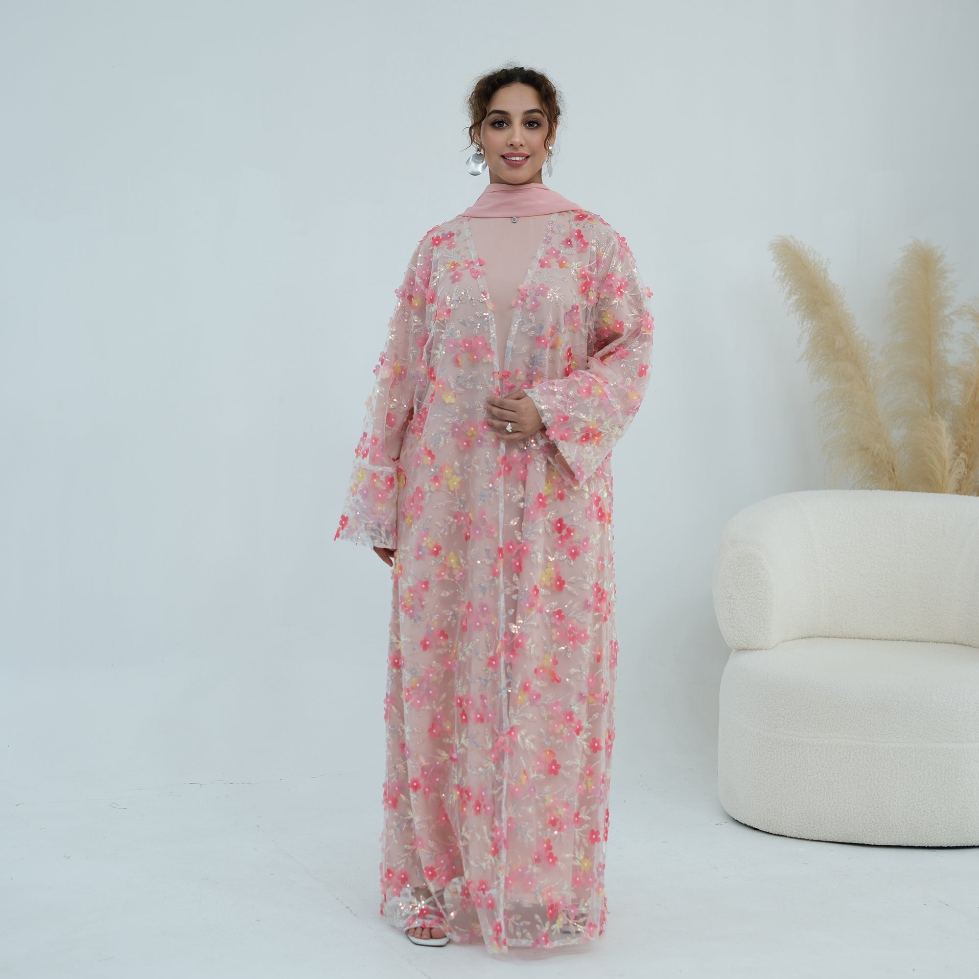 Zaria Floral Embroidered Dress Set - Pink
