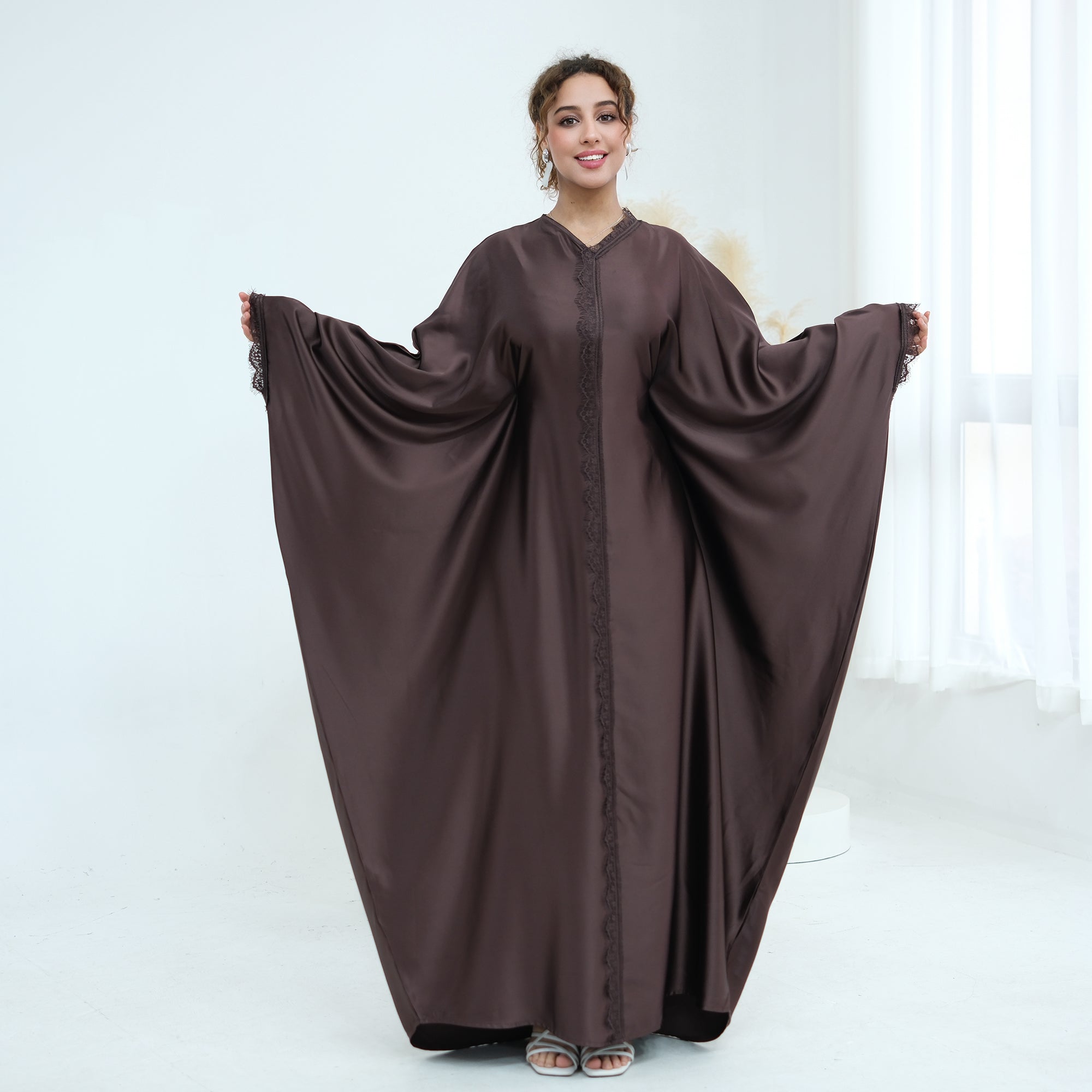 Noura Lace Detail Kaftan Dress - Brown