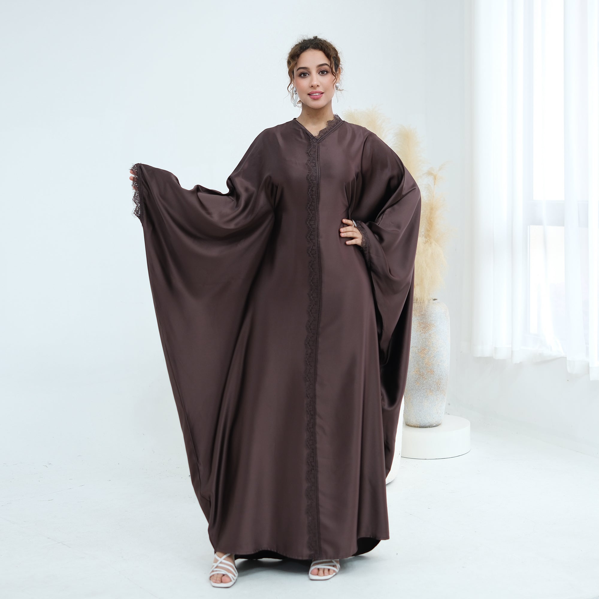 Noura Lace Detail Kaftan Dress - Brown