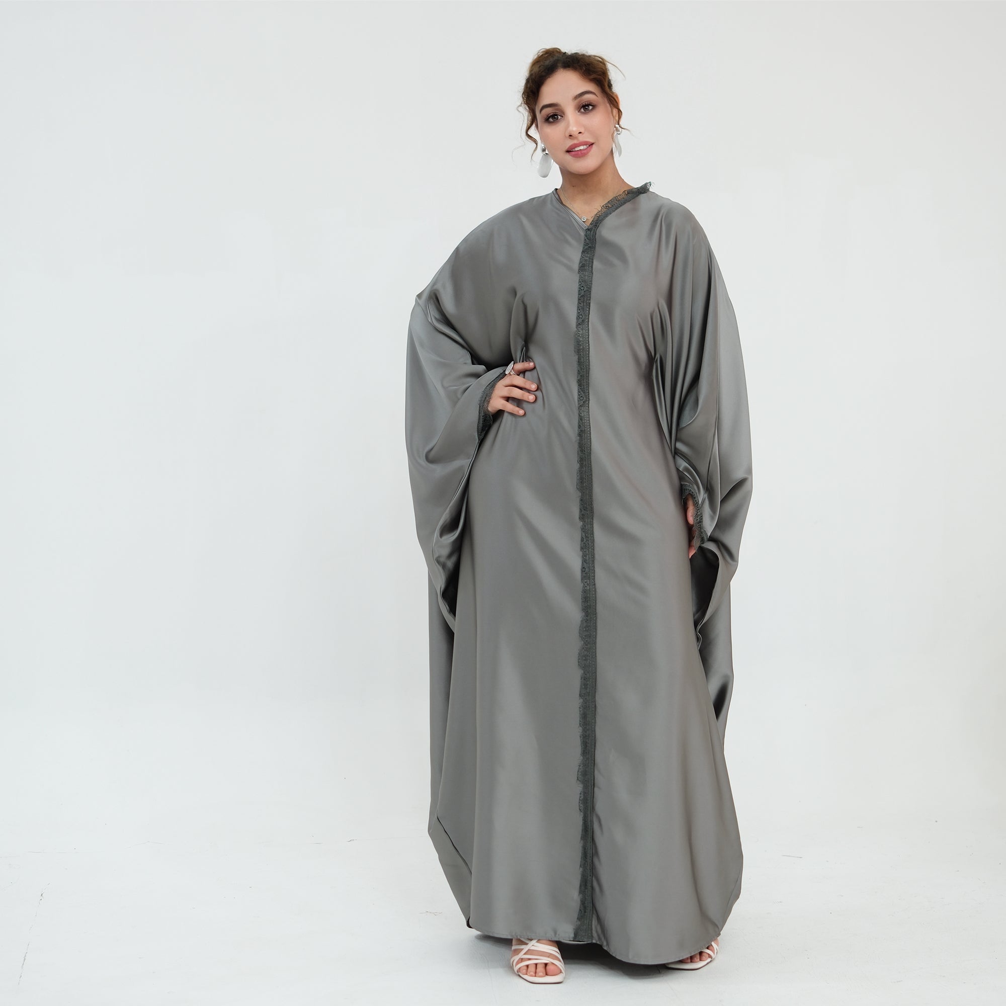 Noura Lace Detail Kaftan Dress - Grey