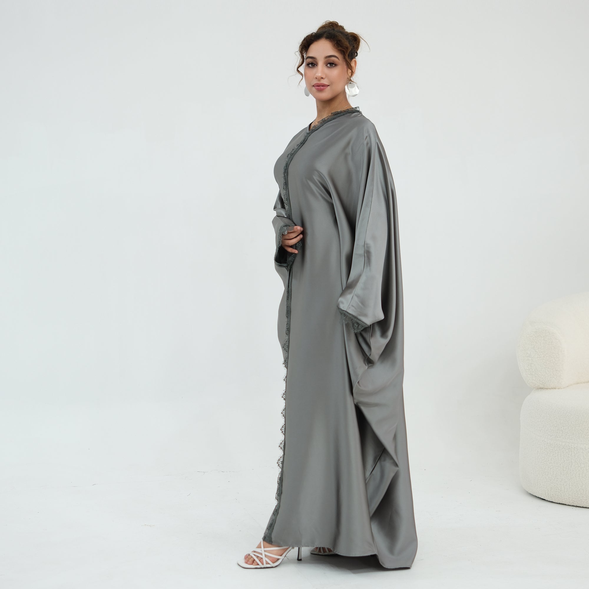Noura Lace Detail Kaftan Dress - Grey