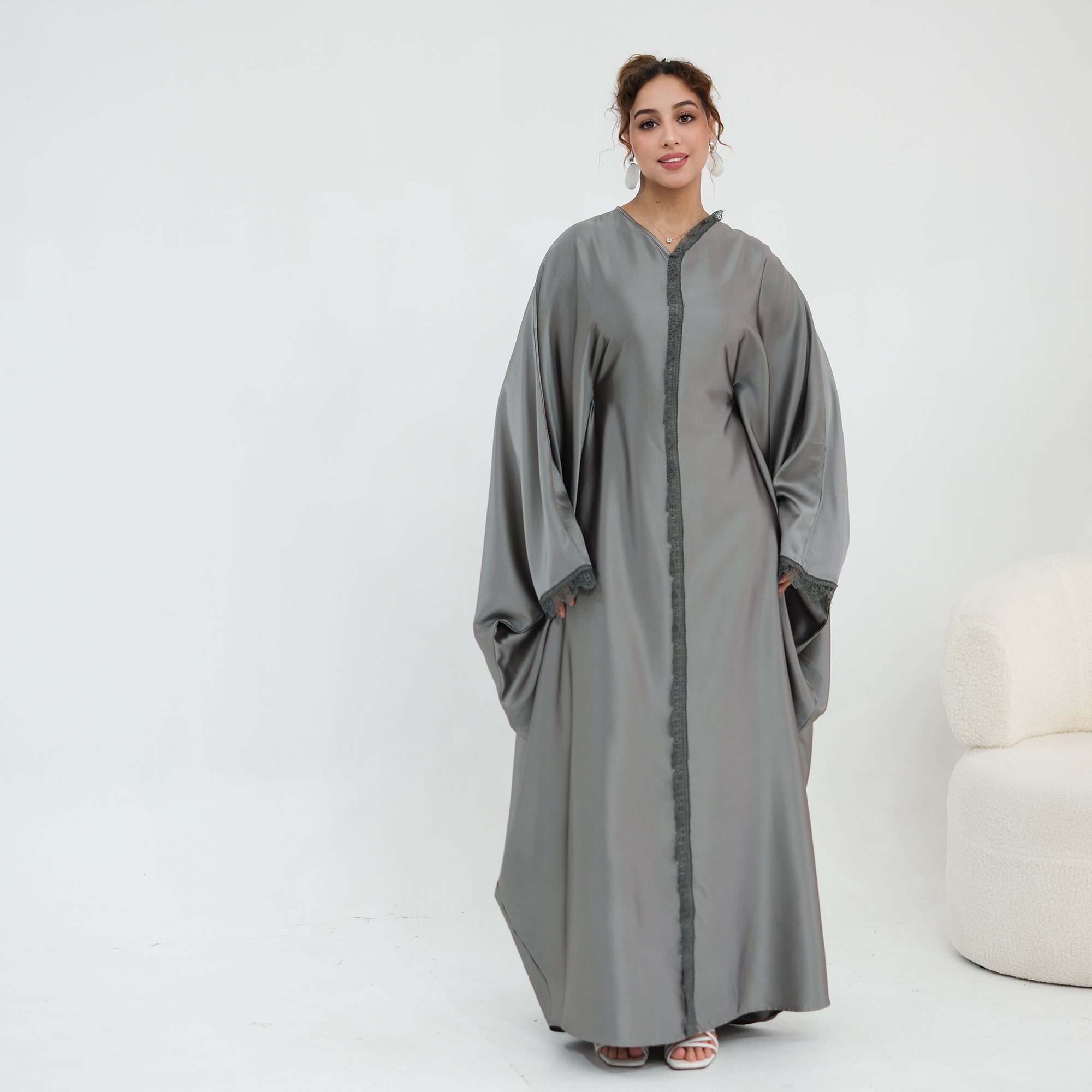 Noura Lace Detail Kaftan Dress - Grey