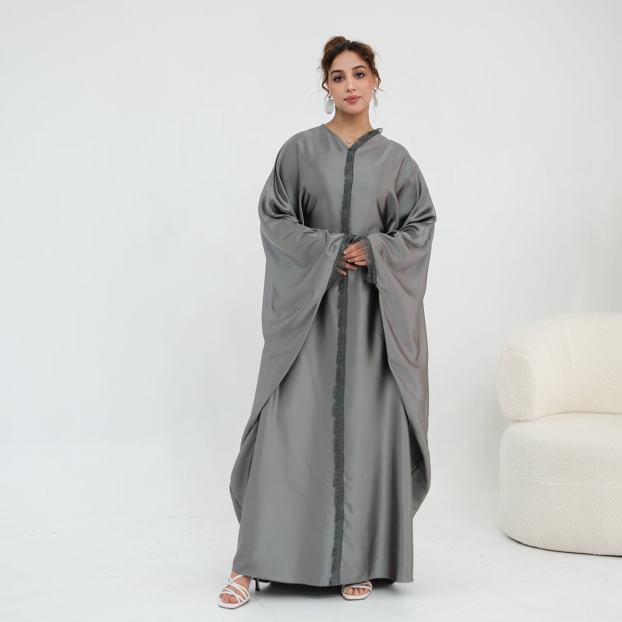 Noura Lace Detail Kaftan Dress - Grey
