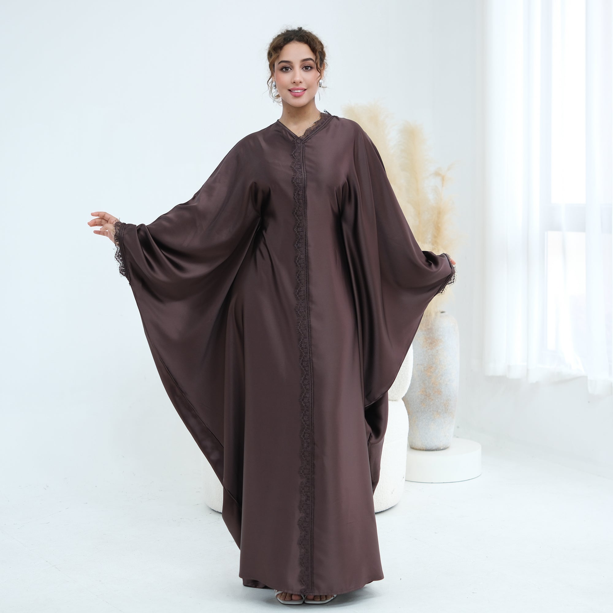 Noura Lace Detail Kaftan Dress - Brown