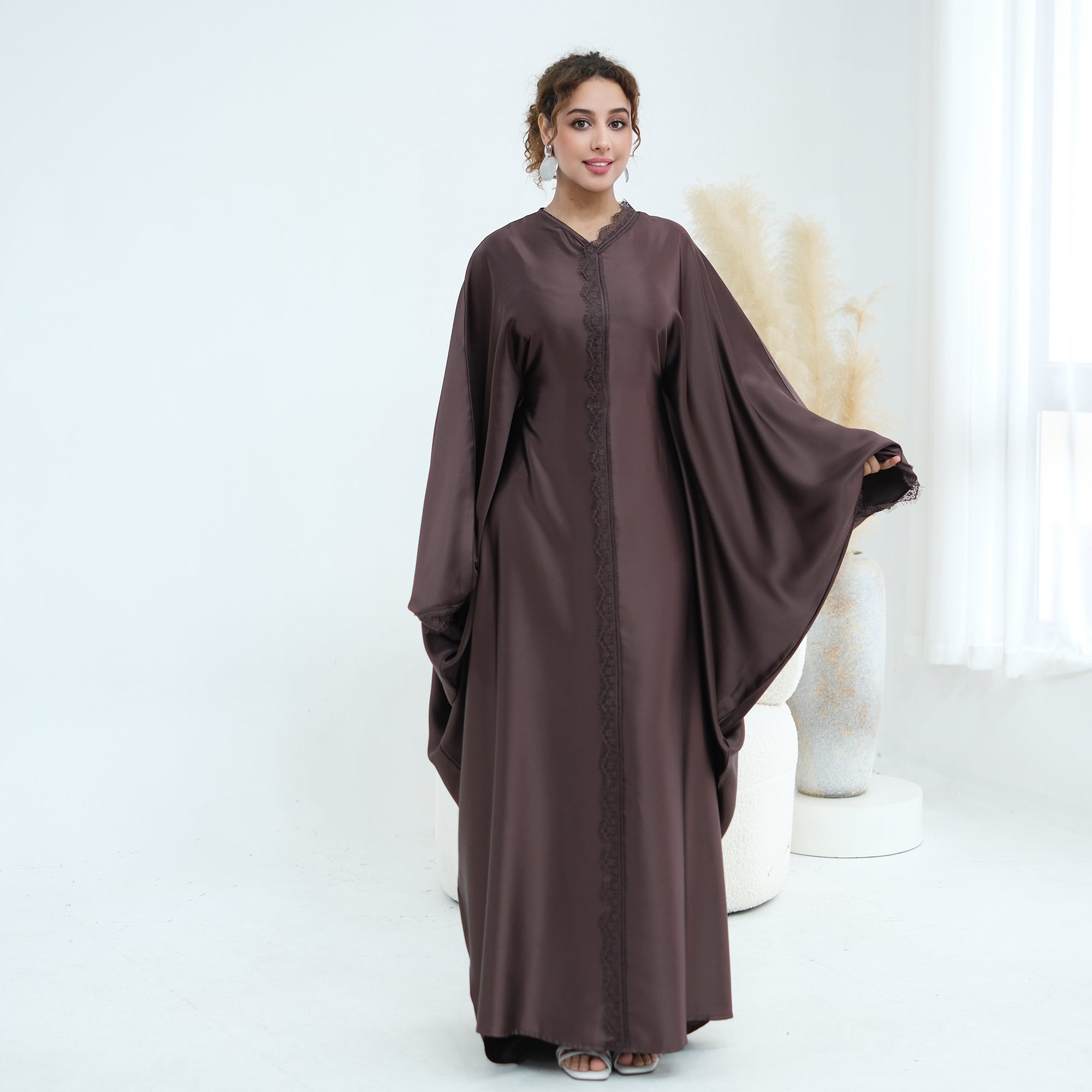 Noura Lace Detail Kaftan Dress - Brown