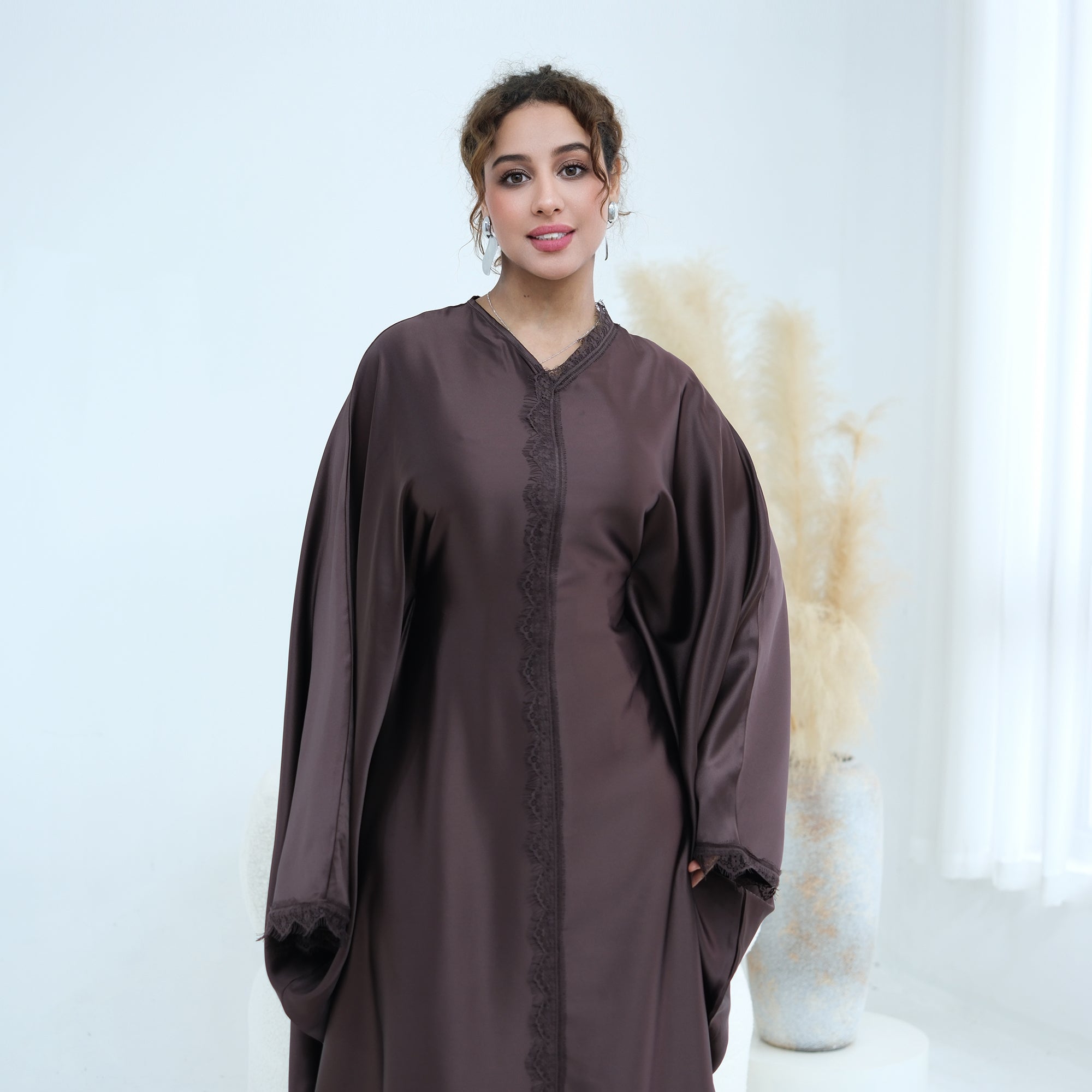 Noura Lace Detail Kaftan Dress - Brown