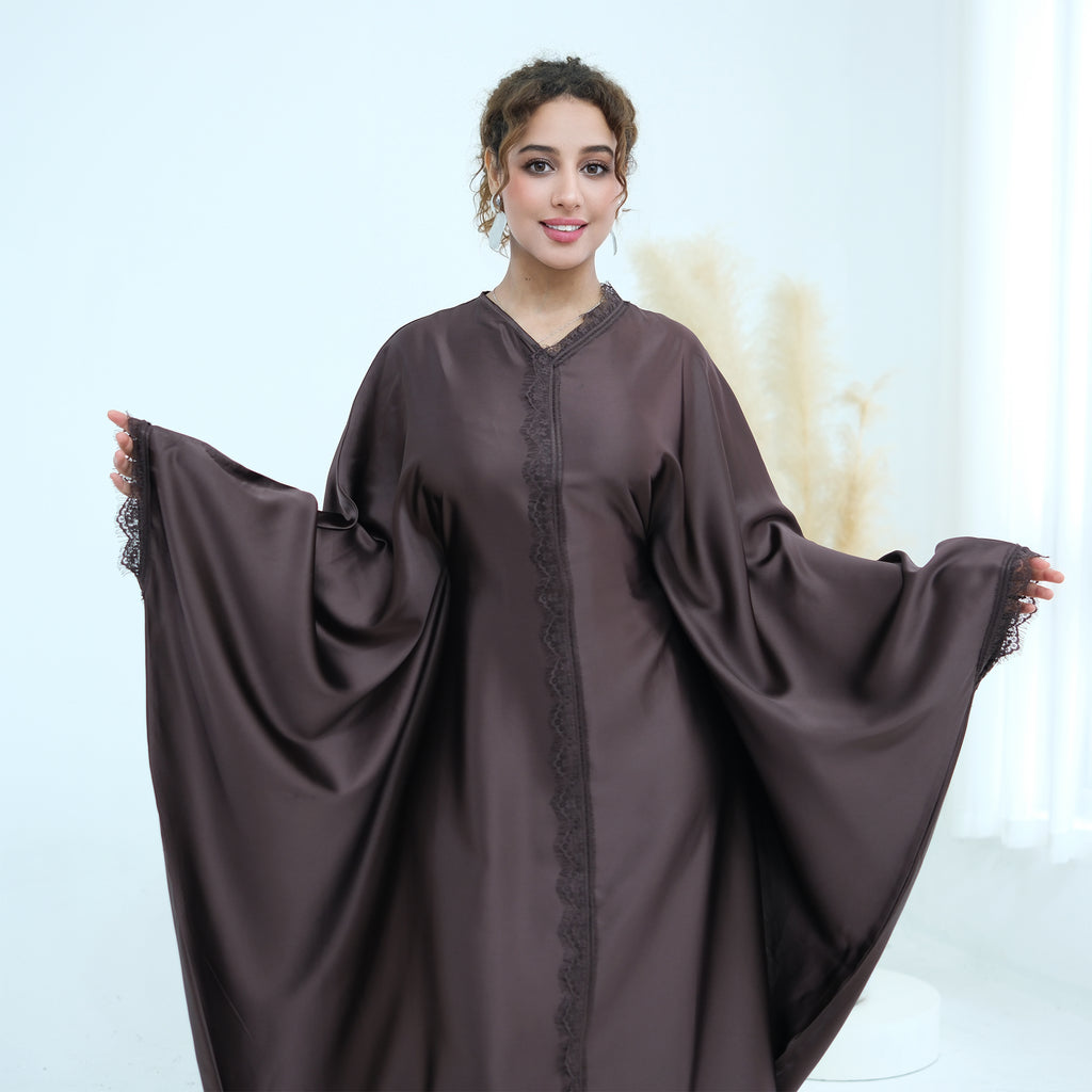 Noura Lace Detail Kaftan Dress - Brown
