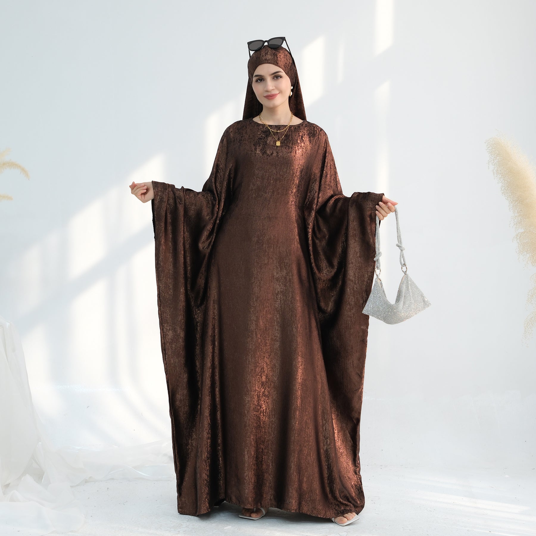 Soraya Shimmer Kaftan Dress - Coffee
