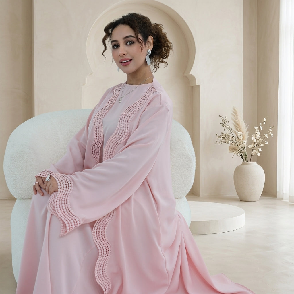 Elara Lace Trim Abaya - Pink
