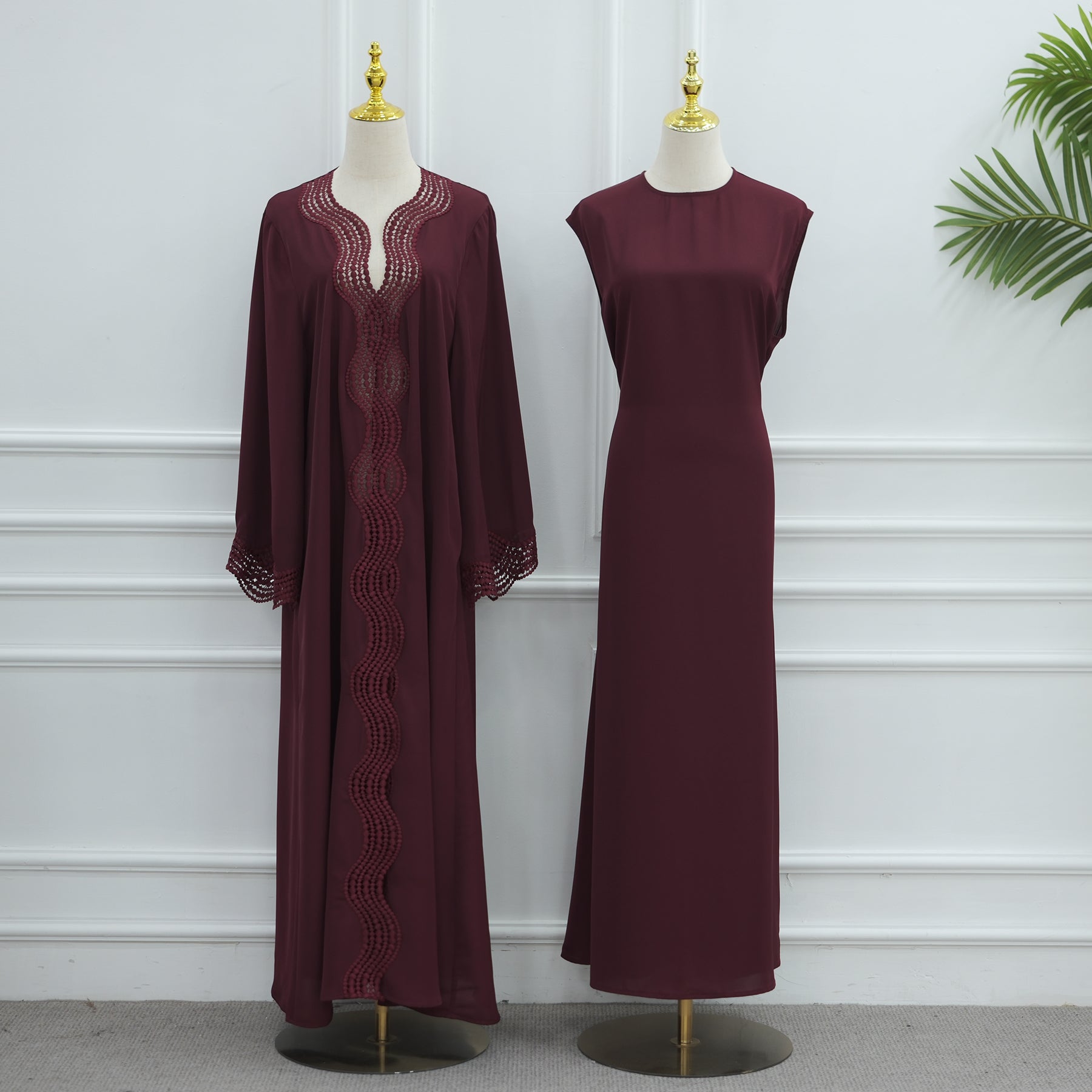 Elara Lace Trim Abaya - Wine Red