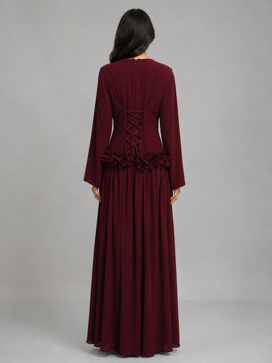 Ayla Floral Waist Maxi Dress - Burgundy
